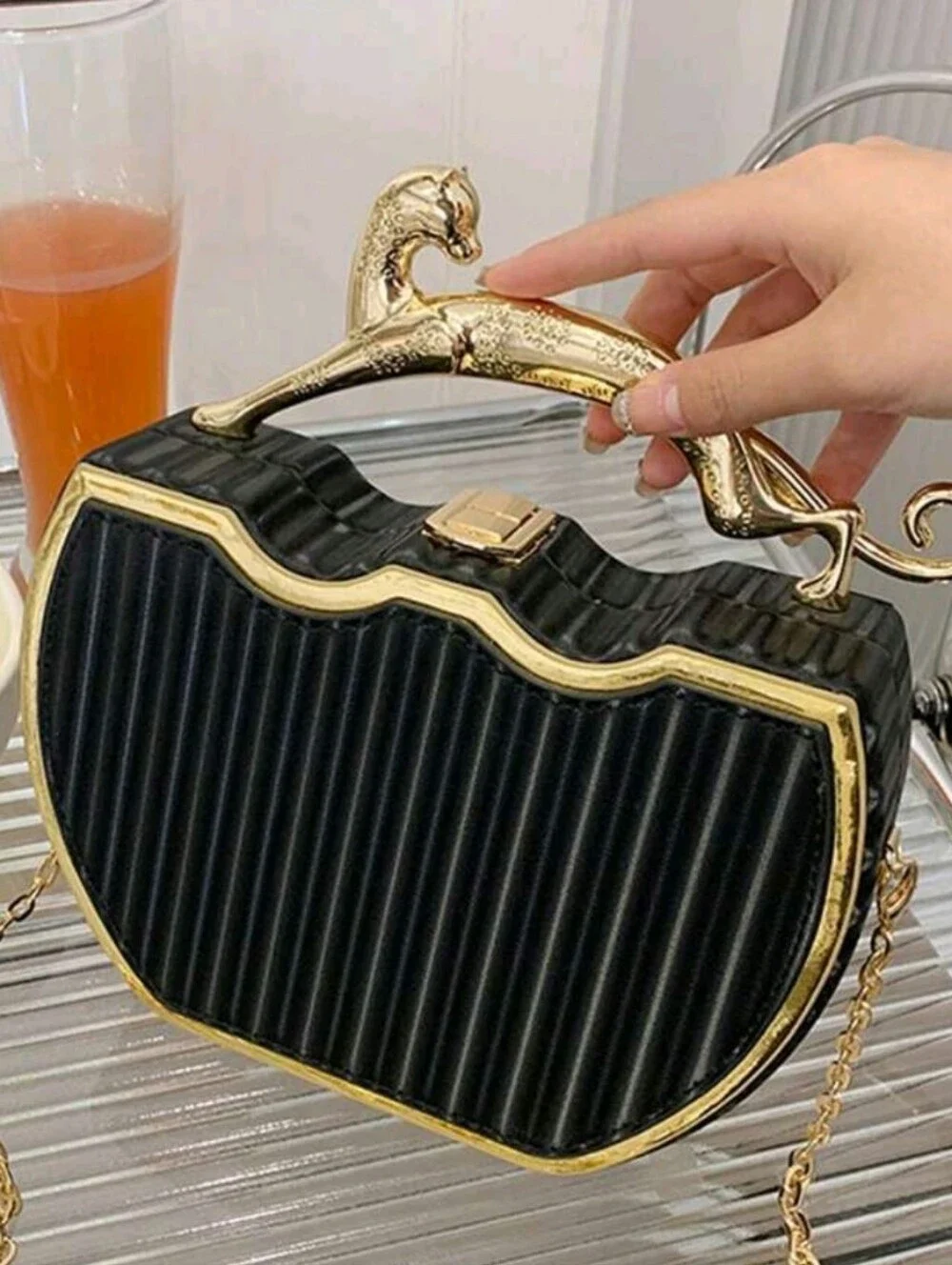 Black Heart-Shape Evening Clutch with Gold Panther Handle